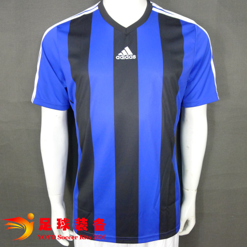 专柜正品ADIDAS 2014足球 光板 竖条纹 蓝黑色组队上衣